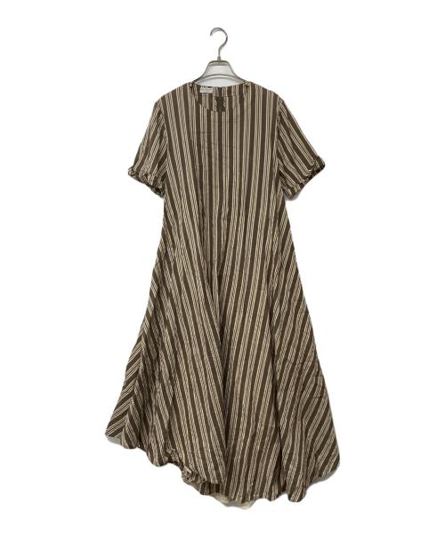BRUNELLO CUCINELLI（ブルネロクチネリ）BRUNELLO CUCINELLI (ブルネロクチネリ) 半袖シルク混ストライプワンピース ブラウン サイズ:Ｍの古着・服飾アイテム