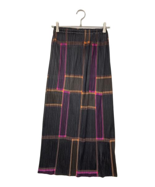 PLEATS PLEASE（プリーツプリーズ）PLEATS PLEASE (プリーツプリーズ) 幾何柄 デザインプリーツスカート スクエアプリント ブラック サイズ:3の古着・服飾アイテム