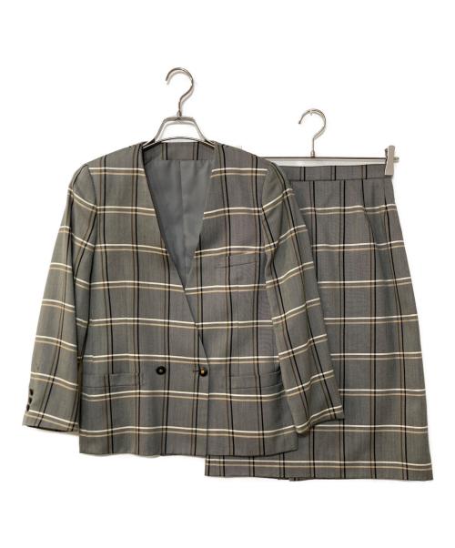 Burberry's（バーバリーズ）Burberry's (バーバリーズ) ウールシルク チェック ノーカラセットアップ グレー サイズ:7ARの古着・服飾アイテム