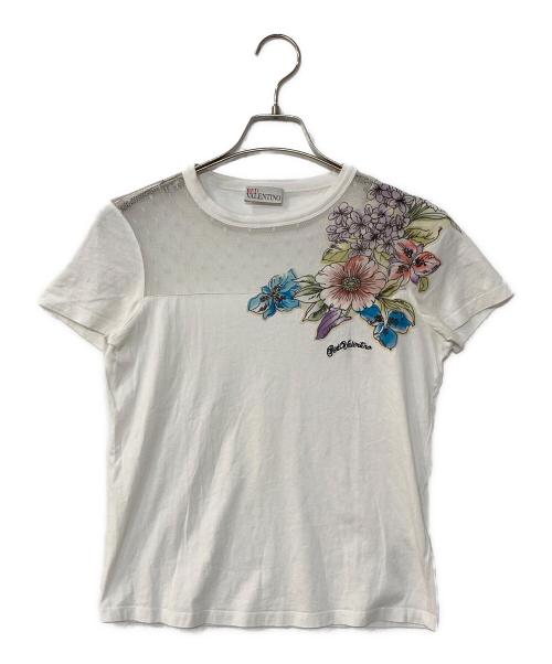 RED VALENTINO（レッドヴァレンティノ）RED VALENTINO (レッドヴァレンティノ) フラワープリント レース切替 Tシャツ ホワイト サイズ:Sの古着・服飾アイテム