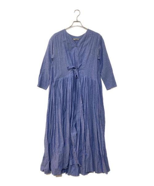 Curensology（カレンソロジー）Curensology (カレンソロジー) コットンリネンパフスリーブワンピース スカイブルー サイズ:Fの古着・服飾アイテム