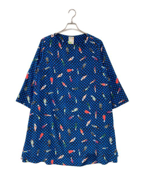 mannine（マンナイン）mannine (マンナイン) 総柄ワンピース ブルー サイズ:Mの古着・服飾アイテム