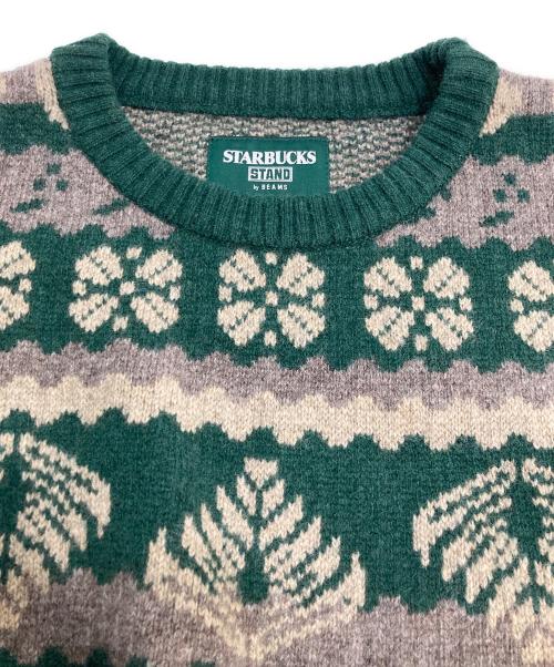 BEAMS（ビームス）BEAMS (ビームス) STARBUCKS COFFEE (スターバックス コーヒー) コラボジャカードクルーニット グリーン サイズ:Lの古着・服飾アイテム