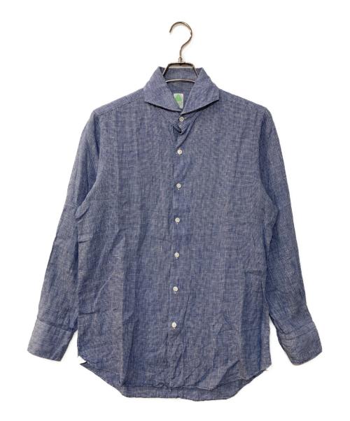 finamore（フィナモレ）Finamore (フィナモレ) リネンハウンドトゥースシャツ ブルー サイズ:15 3/4 40の古着・服飾アイテム