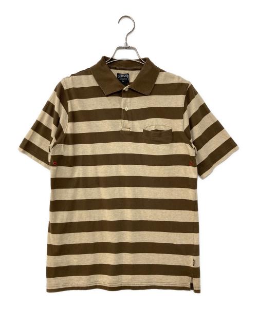 stussy（ステューシー）stussy (ステューシー) ボーダー ポロシャツ ベージュ×ブラウン サイズ:Mの古着・服飾アイテム