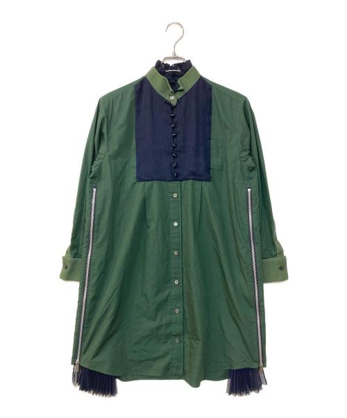 sacai（サカイ）sacai (サカイ) プリーツドッキング ブザム シャツワンピース グリーン サイズ:1の古着・服飾アイテム