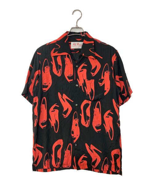 Aloha Blossom（アロハブロッサム）Aloha Blossom (アロハブロッサム) HEELS柄アロハシャツ ブラック×レッド サイズ:42の古着・服飾アイテム