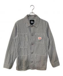 stussy（ステューシー）の古着「刺繍ヒッコリーカバーオール」｜ネイビー×ホワイト