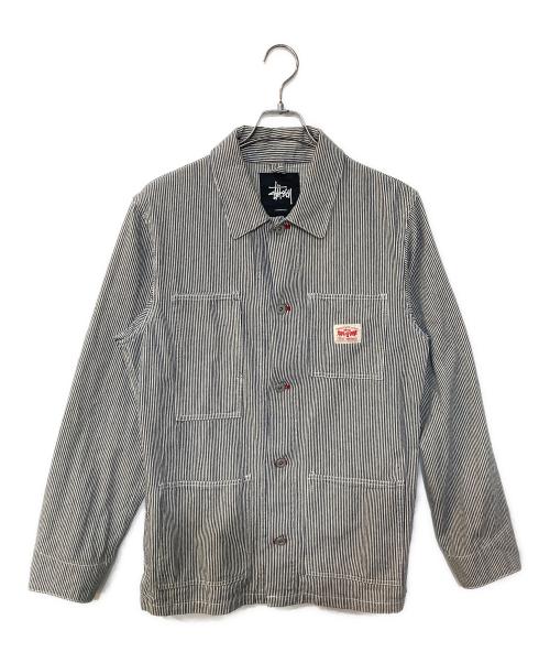 stussy（ステューシー）stussy (ステューシー) 刺繍ヒッコリーカバーオール ネイビー×ホワイト サイズ:Mの古着・服飾アイテム