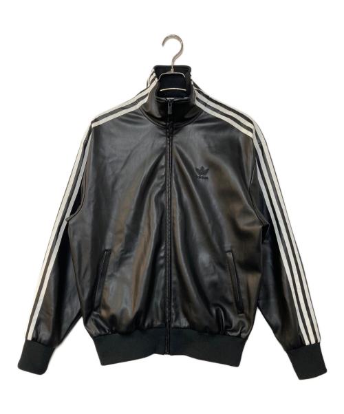 adidas（アディダス）adidas (アディダス) フェイクレザー アディカラー スリーストライプス ルーズ ファイヤーバードトラックスーツジャケット ブラック サイズ:Mの古着・服飾アイテム