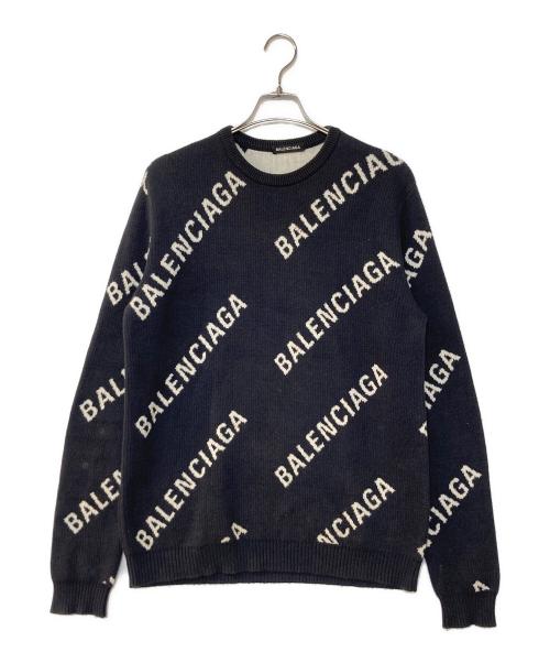 BALENCIAGA（バレンシアガ）BALENCIAGA (バレンシアガ) ロゴジャガードニット ネイビー サイズ:Mの古着・服飾アイテム