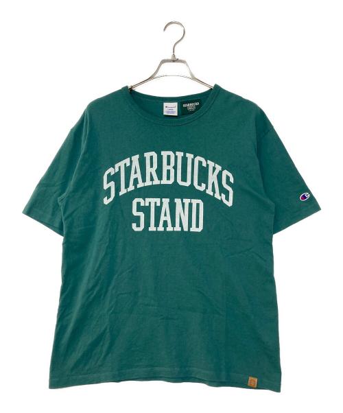 Champion（チャンピオン）Champion STARBUCKS COFFEE BEAMS (ビームス) Champion × STARBUCKS COFFEE × BEAMS Printed T-shirt コラボTシャツ グリーン サイズ:Lの古着・服飾アイテム