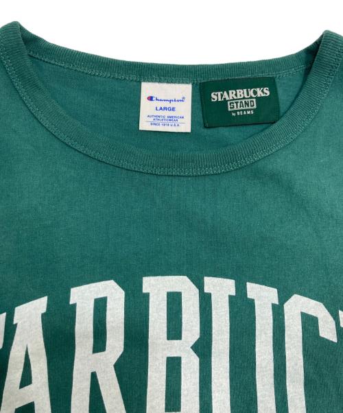 Champion（チャンピオン）Champion STARBUCKS COFFEE BEAMS (ビームス) Champion × STARBUCKS COFFEE × BEAMS Printed T-shirt コラボTシャツ グリーン サイズ:Lの古着・服飾アイテム