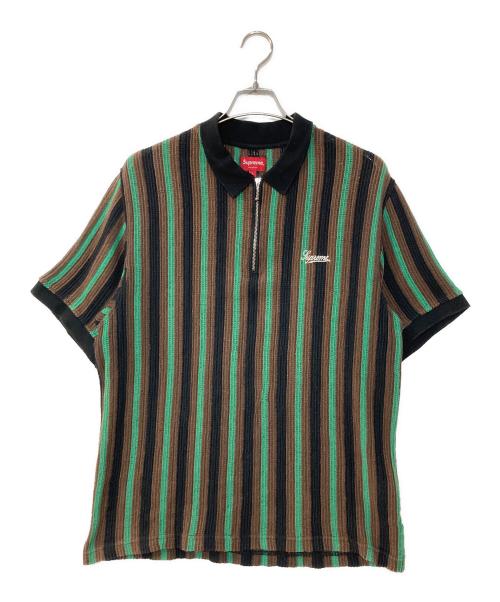 SUPREME（シュプリーム）Supreme (シュプリーム) Open Knit Stripe Zip Polo ブラック×グリーン サイズ:Lの古着・服飾アイテム