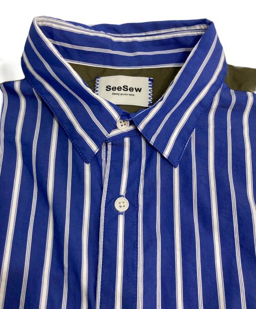 seesew（シーソー）seesew (シーソー) FAKE BLOCKING OVER SHIRT/フェイクブロッキングオーバーシャツ ブルー×オリーブ サイズ:Mの古着・服飾アイテム
