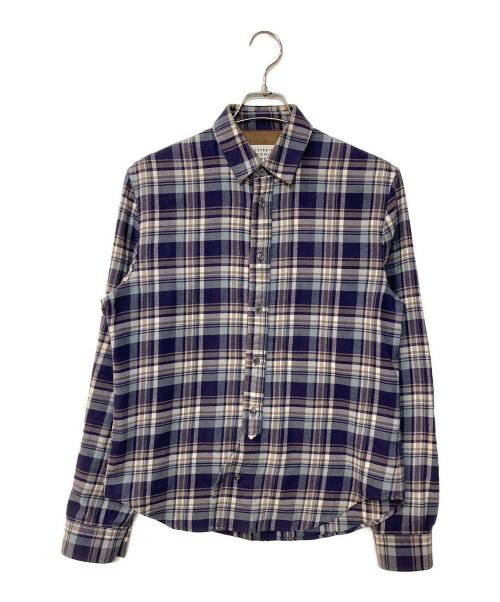 Maison Margiela（メゾンマルジェラ）Maison Margiela (メゾンマルジェラ) レザーエルボーパッチ チェックフランネルシャツ ネイビー×グレー サイズ:46の古着・服飾アイテム