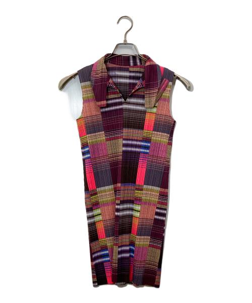 PLEATS PLEASE（プリーツプリーズ）PLEATS PLEASE (プリーツプリーズ) スキッパーカラーブロックプリーツワンピース マルチカラー サイズ:3の古着・服飾アイテム