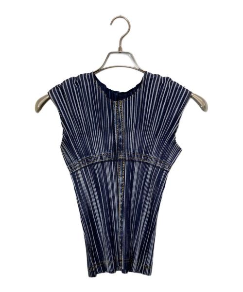 PLEATS PLEASE（プリーツプリーズ）PLEATS PLEASE (プリーツプリーズ) デニム転写プリーツブラウス ブルー サイズ:3の古着・服飾アイテム