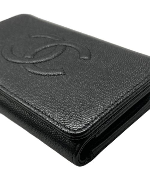 CHANEL（シャネル）CHANEL (シャネル) キャビアスキンココマーク3つ折り財布 ブラックの古着・服飾アイテム