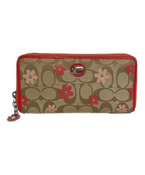 COACH（コーチ）COACH (コーチ) デイジー シグネチャー フローラル アコーディオンジップ アラウンド ベージュ×ピンクの古着・服飾アイテム