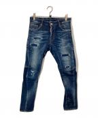 DSQUARED2ディースクエアード）の古着「DARK RIPPED BLUE WASH TIDY BIKER JEANS」｜インディゴ