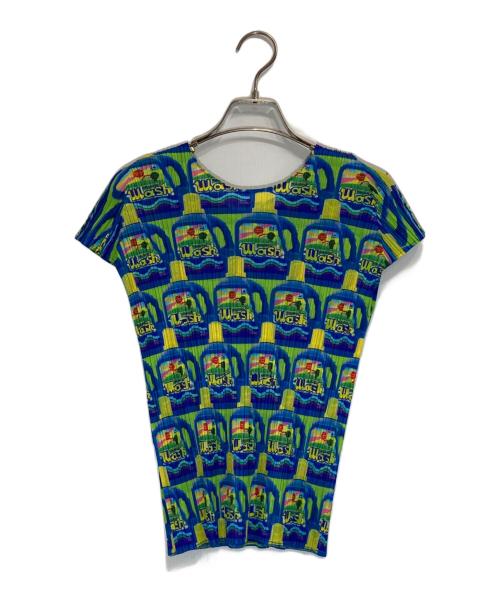 PLEATS PLEASE（プリーツプリーズ）PLEATS PLEASE (プリーツプリーズ) wash 洗剤柄 プリーツカットソー ブルー×イエロー サイズ:3の古着・服飾アイテム