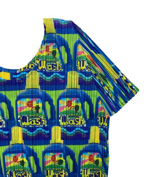 PLEATS PLEASE（プリーツプリーズ）PLEATS PLEASE (プリーツプリーズ) wash 洗剤柄 プリーツカットソー ブルー×イエロー サイズ:3の古着・服飾アイテム