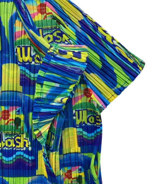 PLEATS PLEASE（プリーツプリーズ）PLEATS PLEASE (プリーツプリーズ) wash 洗剤柄 プリーツカットソー ブルー×イエロー サイズ:3の古着・服飾アイテム