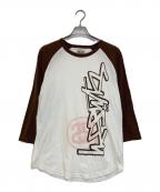 stussyステューシー）の古着「プリントロゴバイカラーラグランT」｜ホワイト×ブラウン