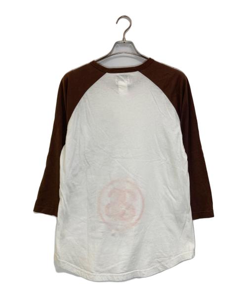 stussy（ステューシー）stussy (ステューシー) プリントロゴバイカラーラグランT ホワイト×ブラウン サイズ:Mの古着・服飾アイテム