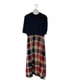 BLUE LABEL CRESTBRIDGEブルーレーベルクレストブリッジ）の古着「チェックドレープツイルニットコンビマキシワンピース」｜ブラック×レッド
