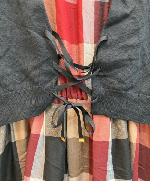 BLUE LABEL CRESTBRIDGE（ブルーレーベルクレストブリッジ）BLUE LABEL CRESTBRIDGE (ブルーレーベルクレストブリッジ) チェックドレープツイルニットコンビマキシワンピース ブラック×レッド サイズ:38の古着・服飾アイテム
