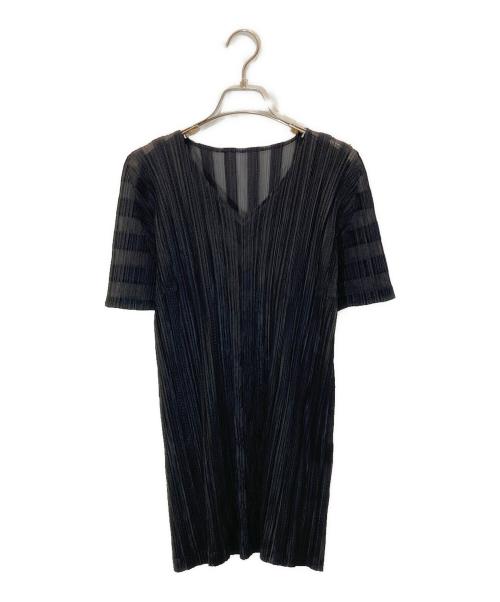 PLEATS PLEASE（プリーツプリーズ）PLEATS PLEASE (プリーツプリーズ) シアーストライププリーツカットソー ブラック サイズ:3の古着・服飾アイテム
