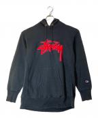 stussy×Champion REVERSE WEAVEステューシー×チャンピオン リバース ウィーブ）の古着「EMBROIDERY LOGO HOODED」｜ブラック