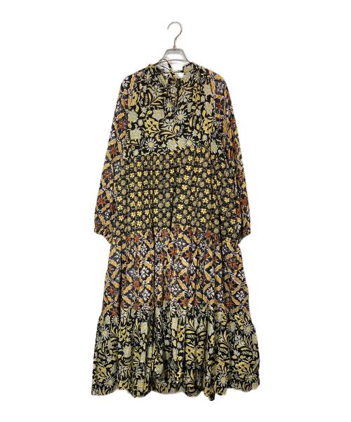 freada（フリーダ）Freada (フリーダ) インド四段パッチワークティアードワンピース イエロー×ブラック サイズ:下記参照の古着・服飾アイテム