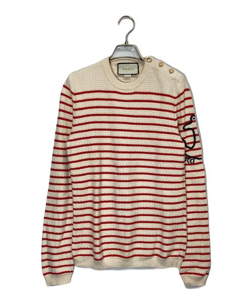 GUCCI（グッチ）GUCCI (グッチ) Embroidered Striped Cotton And Cashmere-Blend Sweater アイボリー×レッド サイズ:XSの古着・服飾アイテム
