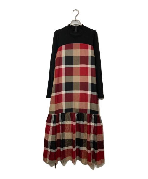 BLUE LABEL CRESTBRIDGE（ブルーレーベルクレストブリッジ）BLUE LABEL CRESTBRIDGE (ブルーレーベルクレストブリッジ) クレストブリッジチェックエアリーツイルテレココンビドレス レッド×ブラック サイズ:38の古着・服飾アイテム