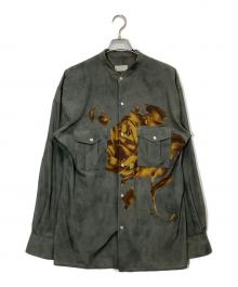 BED J.W. FORD（ベッドフォード）の古着「プリントノーカラーシャツ」｜カーキ