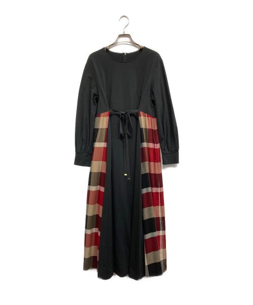 BLUE LABEL CRESTBRIDGE（ブルーレーベルクレストブリッジ）BLUE LABEL CRESTBRIDGE (ブルーレーベルクレストブリッジ) プリムシルケットポンチクレストブリッジチェックコンビワンピース ブラック×レッド サイズ:38の古着・服飾アイテム