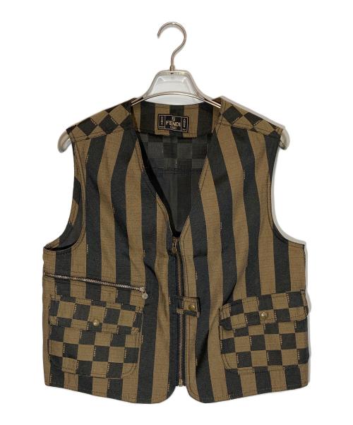FENDI（フェンディ）FENDI (フェンディ) ストライプフラップポケットジップアップベスト ブラック×ブラウン サイズ:40の古着・服飾アイテム
