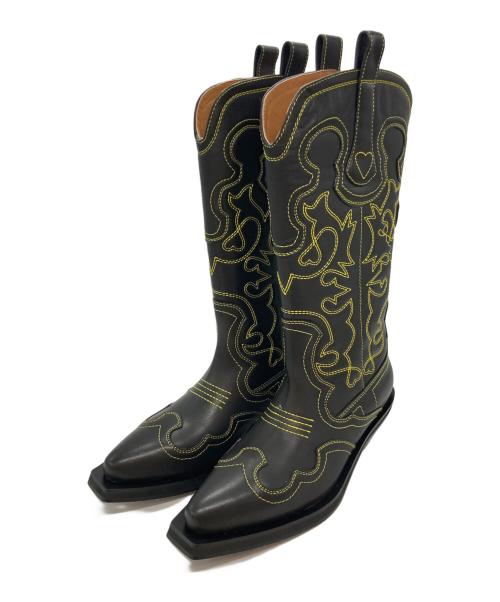GANNI（ガニー）GANNI (ガニー) ミッドシャフト エンブロイダリー ウエスタンブーツ ブラック×イエロー サイズ:25cmの古着・服飾アイテム