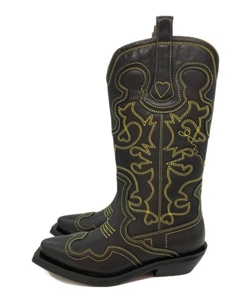 GANNI（ガニー）GANNI (ガニー) ミッドシャフト エンブロイダリー ウエスタンブーツ ブラック×イエロー サイズ:25cmの古着・服飾アイテム