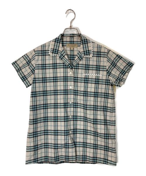 BURBERRY（バーバリー）BURBERRY (バーバリー) フリルノヴァチェックオープンカラーシャツ アイボリー×ブルー サイズ:38の古着・服飾アイテム