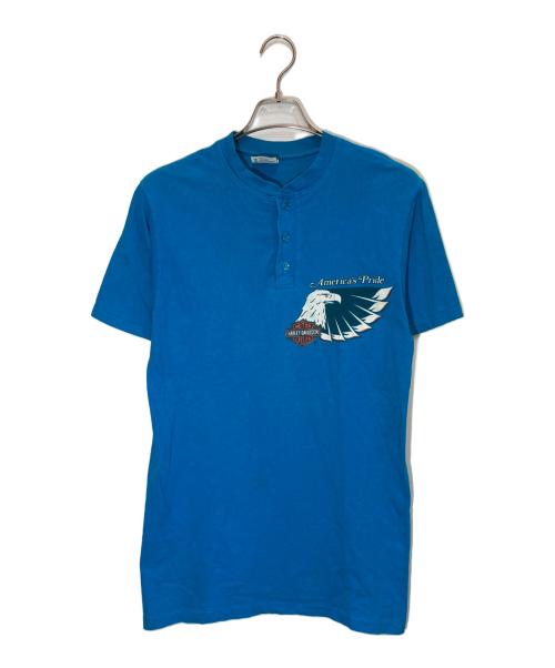 Hanes（ヘインズ）Hanes (ヘインズ) HARLEY-DAVIDSON (ハーレーダビッドソン) ヘンリーネックカットソー ブルー サイズ:Ⅿの古着・服飾アイテム