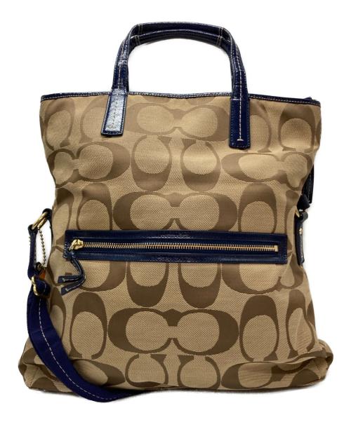 COACH（コーチ）COACH (コーチ) 2WAYシグネチャーショルダーバッグ ベージュ×ネイビーの古着・服飾アイテム