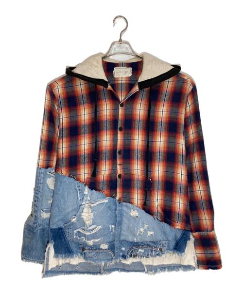 GREG LAUREN（グレッグローレン）GREG LAUREN (グレッグローレン) Denim Hooded Studio Shirt レッド×ネイビー サイズ:Ⅿの古着・服飾アイテム