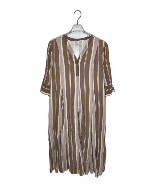 ne quittez pas（ヌキテパ）ne quittez pas (ヌキテパ) Cotton Stripe V Neck Dress ブラウン サイズ:Ⅿの古着・服飾アイテム