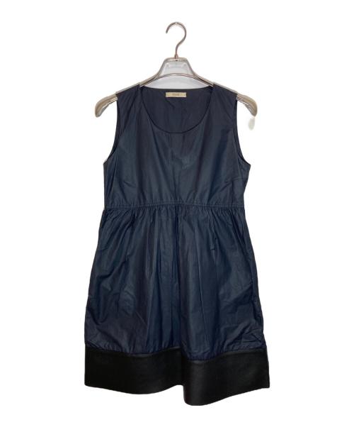 CELINE（セリーヌ）CELINE (セリーヌ) 裾レザーノースリーブワンピース ネイビー サイズ:SIZE M (38)の古着・服飾アイテム