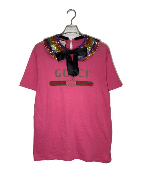 GUCCI（グッチ）GUCCI (グッチ) スパンコール襟付きロゴTシャツ ピンク サイズ:SIZE Lの古着・服飾アイテム