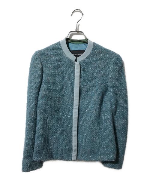 EMPORIO ARMANI（エンポリオ アルマーニ）EMPORIO ARMANI (エンポリオアルマーニ) ウールブレンドノーカラージャケット ブルー×グリーン サイズ:Sの古着・服飾アイテム
